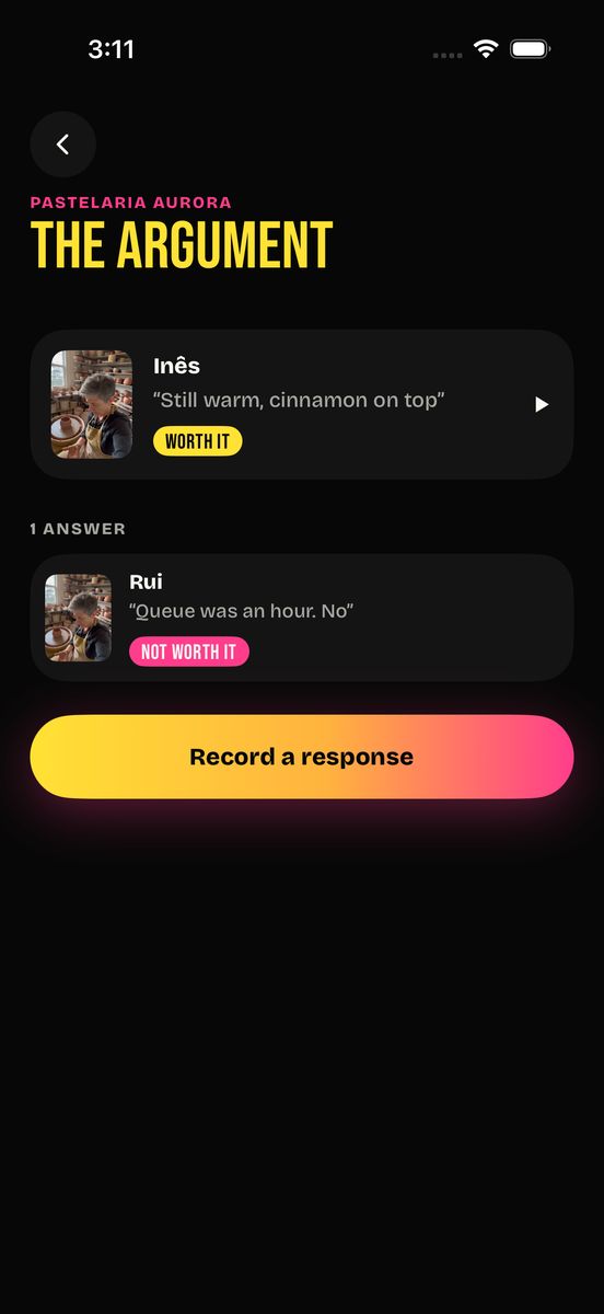 The argument screen: a Shpeel saying it was worth it, and an answer underneath saying it wasn’t.