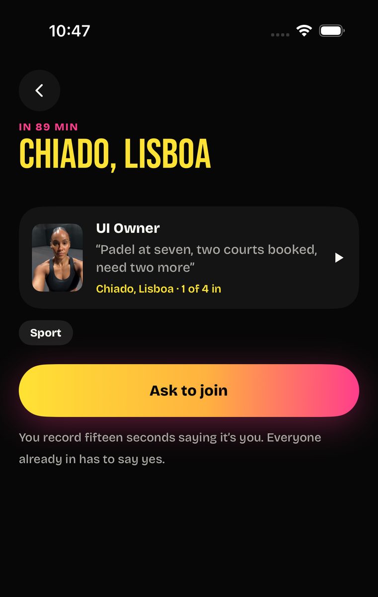 A plan open in the app: who recorded it, what they said, the area and how far away, and one button reading Ask to join.
