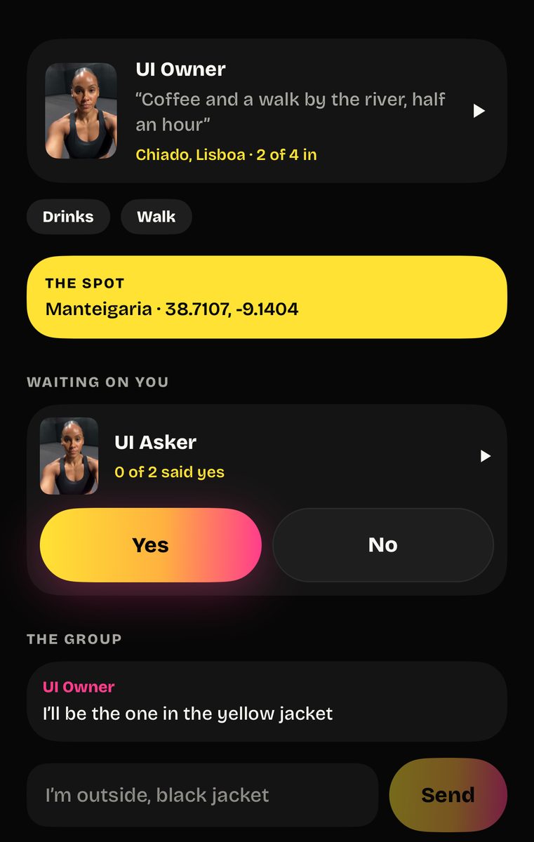 Inside a group in the app: the meeting spot, somebody waiting on a yes with buttons reading Yes and No, and the group’s messages underneath.