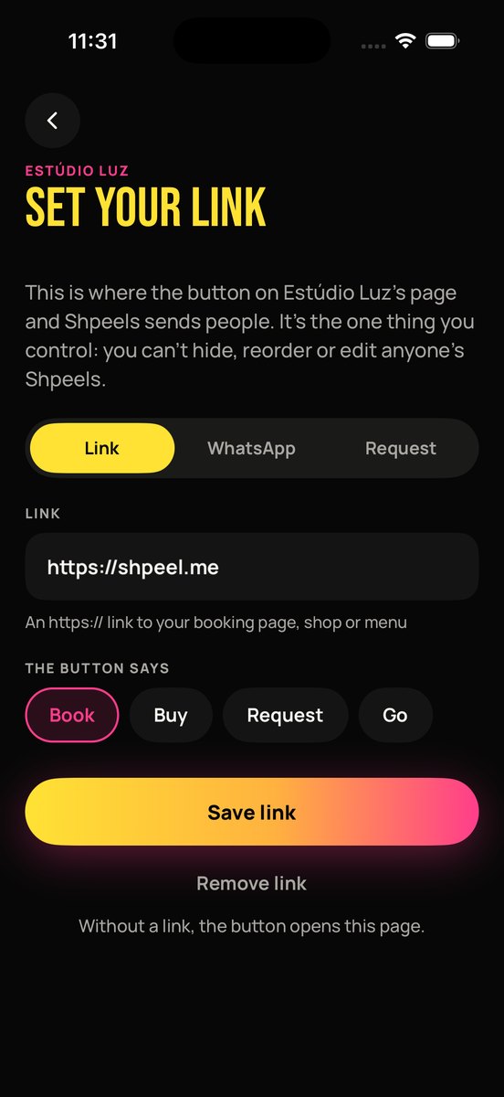 The link editor in the app: a field for your link, a choice of Link, WhatsApp or Request, and the button wording Book, Buy, Request or Go.