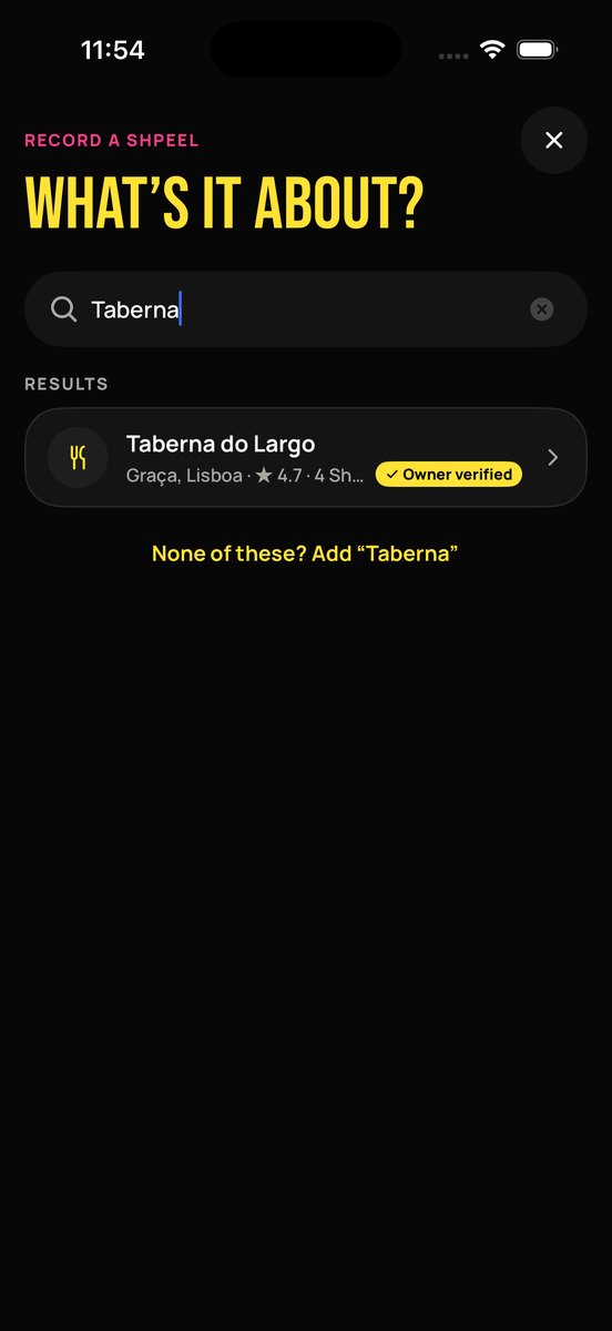 The app asking what the Shpeel is about, with a search box and a result for Taberna do Largo marked Owner verified.