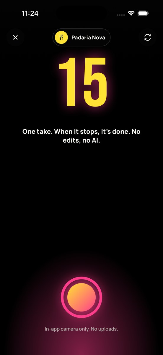 The SHPEEL camera with the name of the place at the top, a large 15 counting down, and the note that the app camera is the only way in.
