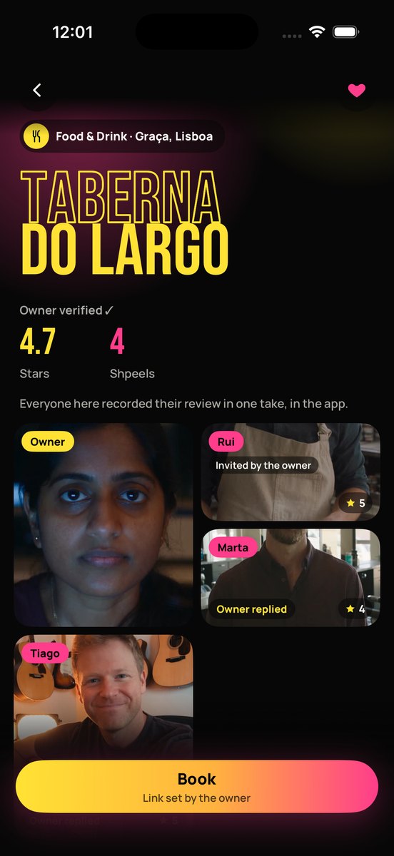 The page for Taberna do Largo showing 4.7 stars from four Shpeels and a grid of reviews tagged Owner, Rui and Marta.