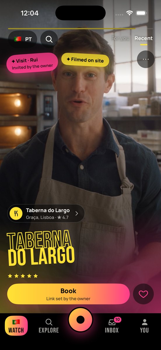 A review playing in the app: stickers reading Visit · Rui and Invited by the owner, the pill for Taberna do Largo, a quote in large type, five stars and a Book button.